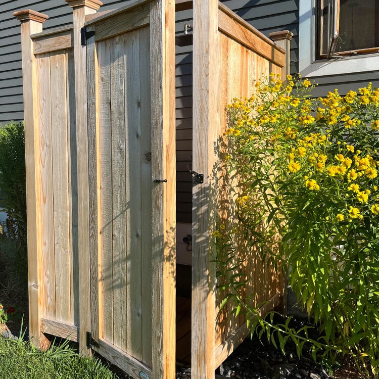 cedar diy outdoor shower stall against home