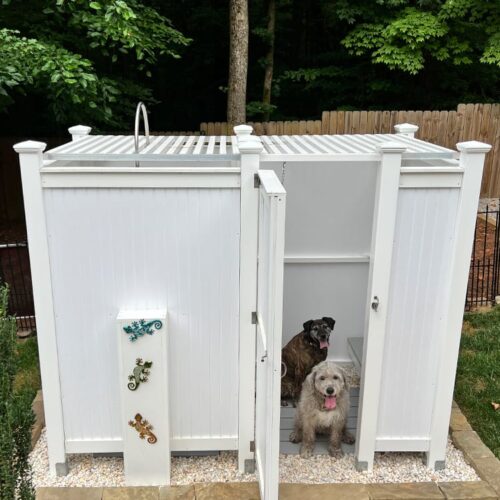 outdoor shower stall with dogs