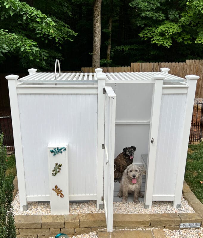 outdoor shower stall with dogs