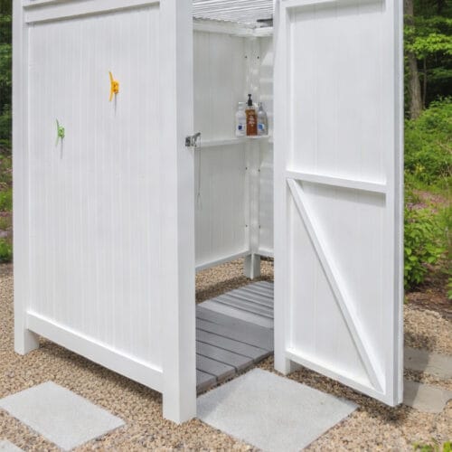 white color pvc outdoor showers free standing shown outside