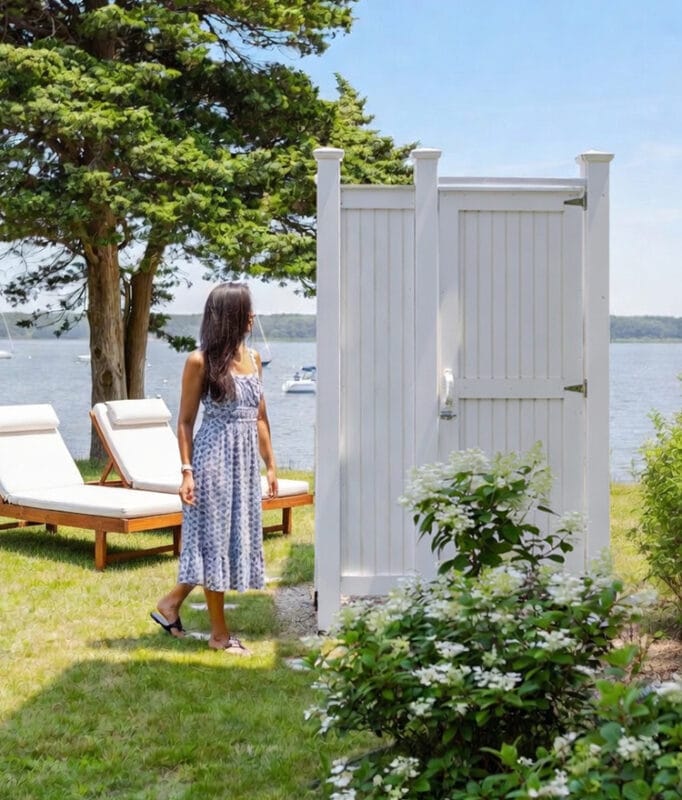 backyard view of white outdoor shower design in summer time
