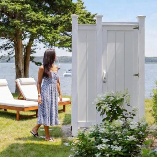 pvc outdoor shower enclosure or azek on lake front backyard