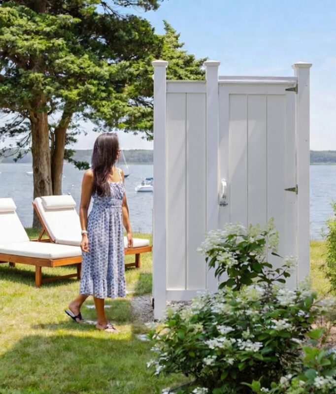 pvc outdoor shower enclosure or azek on lake front backyard