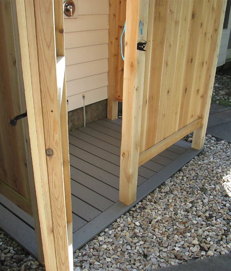 cedar outdoor shower with floor