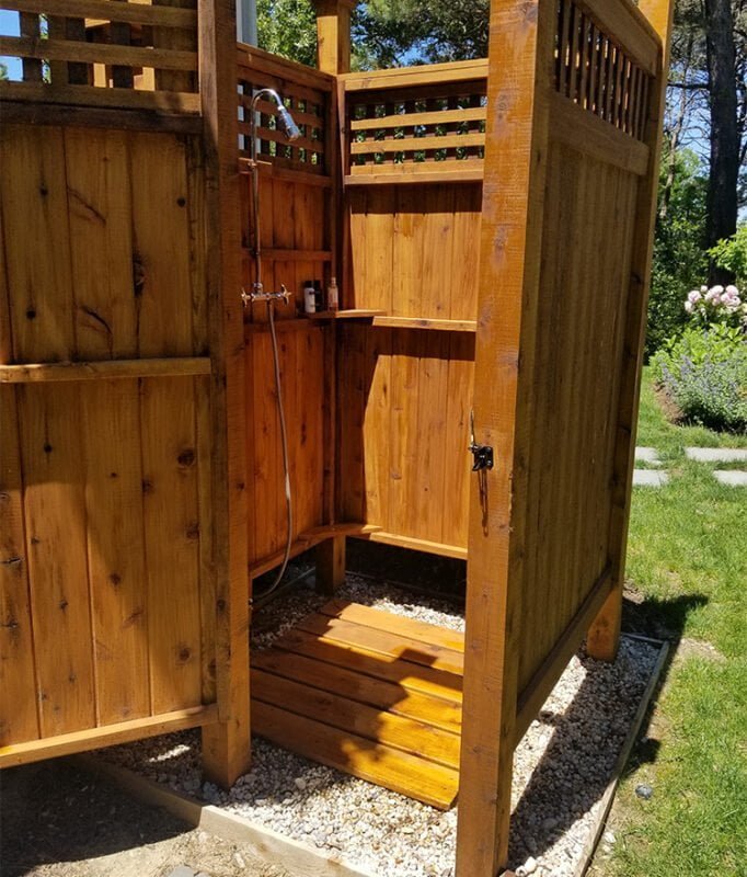 backyard shower with lattice panels