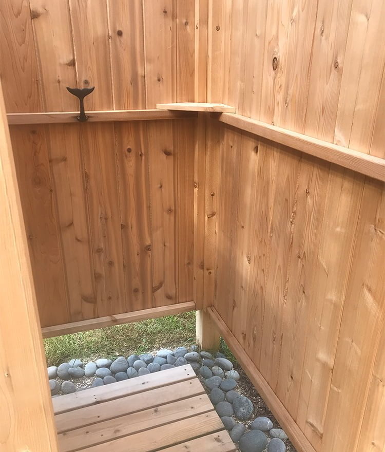 free standing cedar outdoor shower with floor