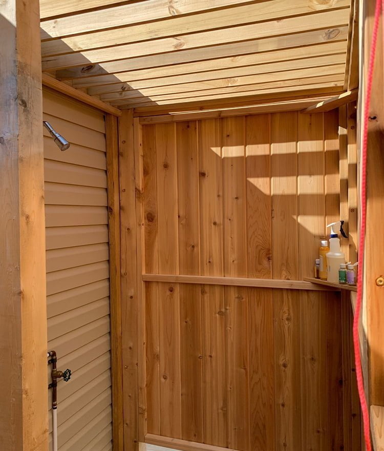 wood deluxe house mount outdoor shower with roof