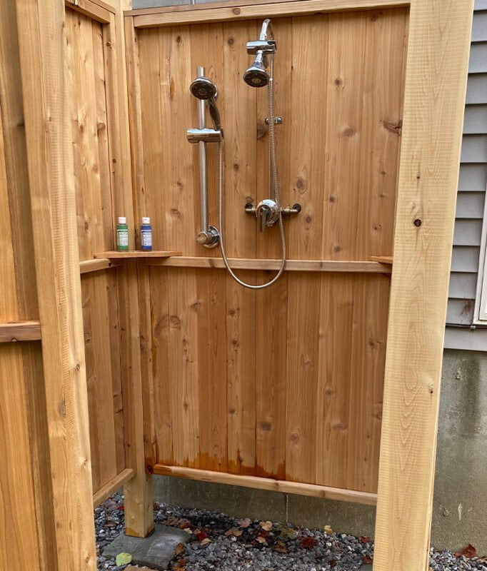 free standing wood outdoor shower