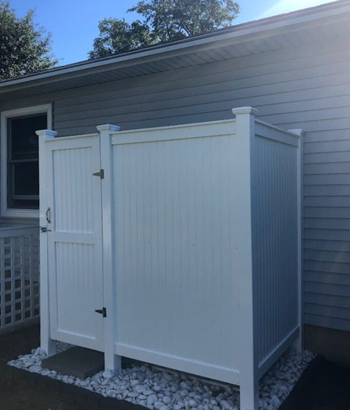 white outdoor shower kit house mount