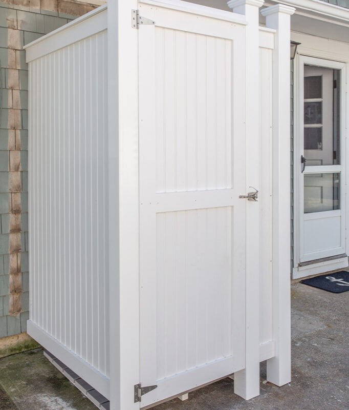 modern outdoor shower vinyl against the house
