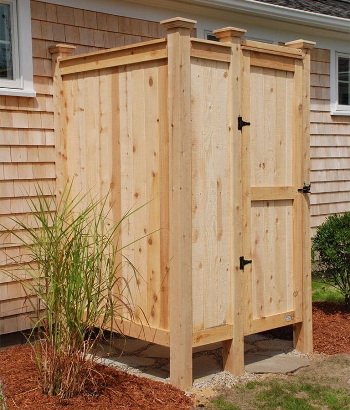 cedar diy outdoor shower in the backyard