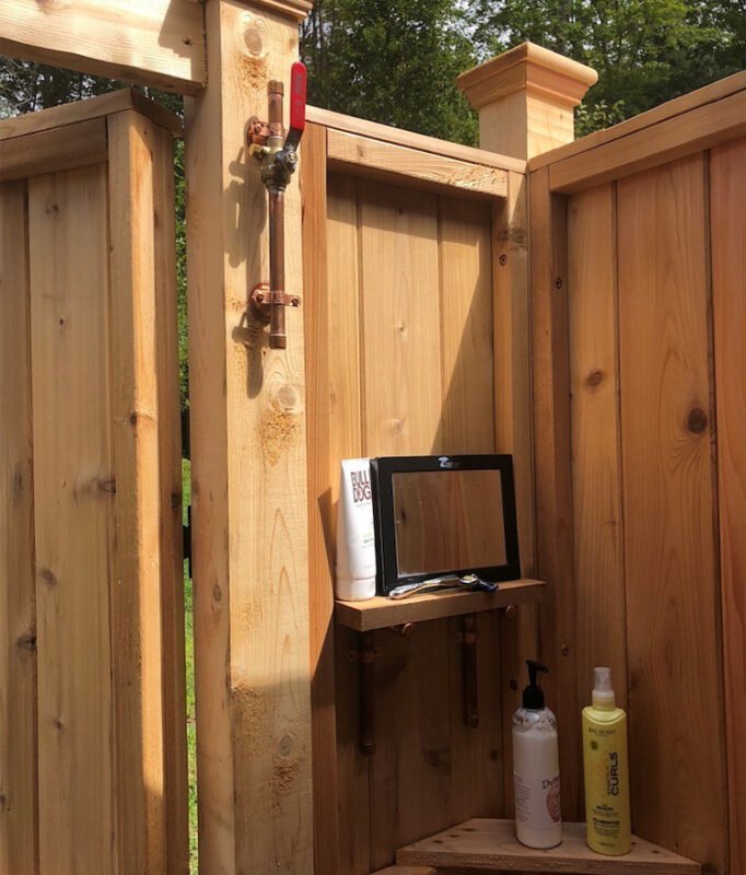 wood outdoor shower enclosure ideas with accessories