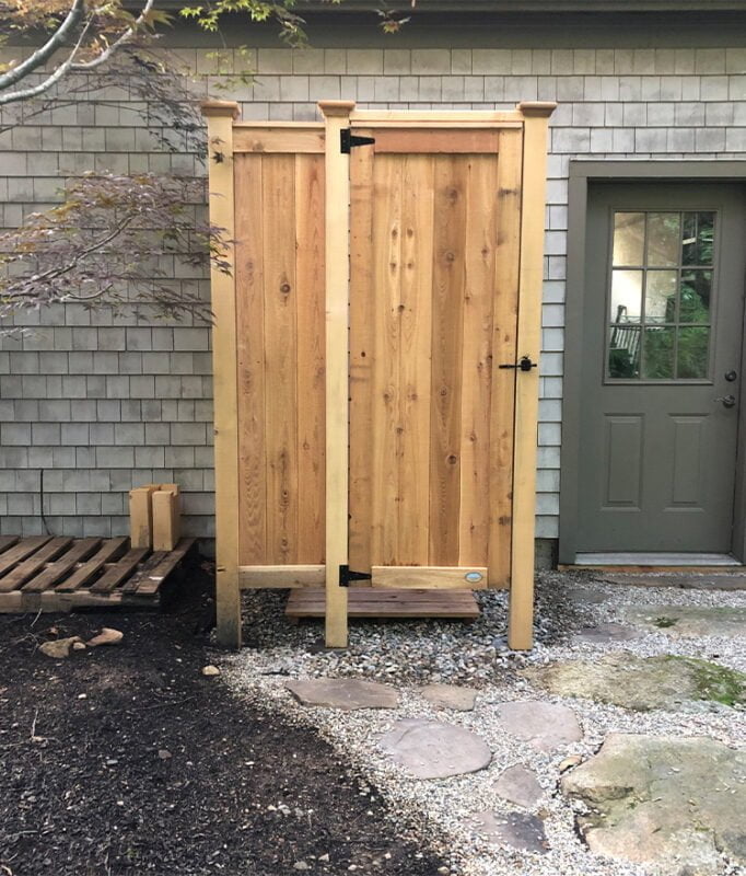 wall mounted cedar outdoor shower stall