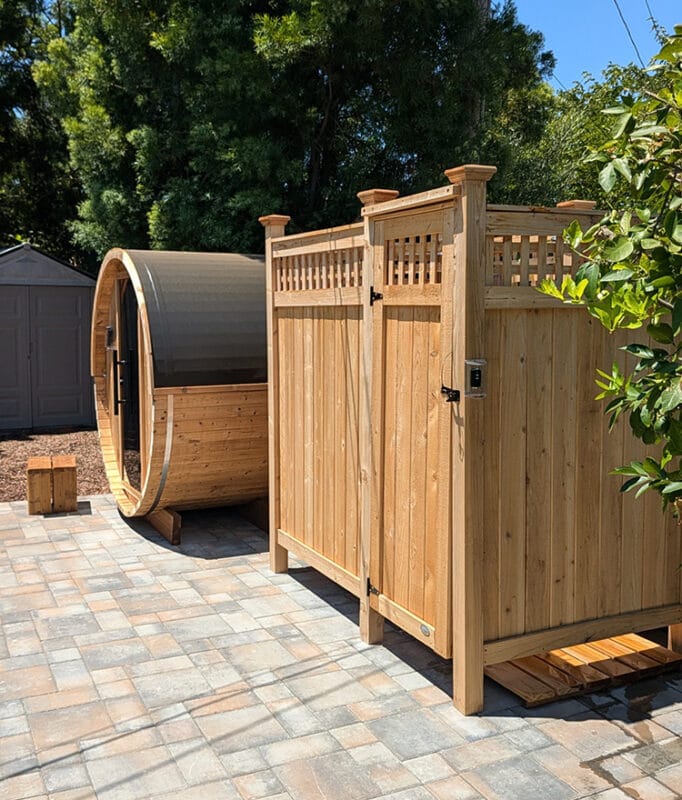 shower outside with a sauna cedar