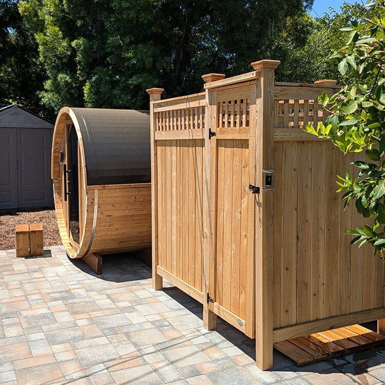 shower outside with a sauna cedar