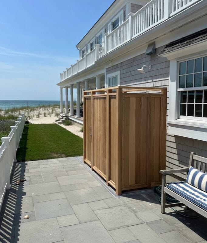 cedar shower enclosure shown at a NY hamptons home