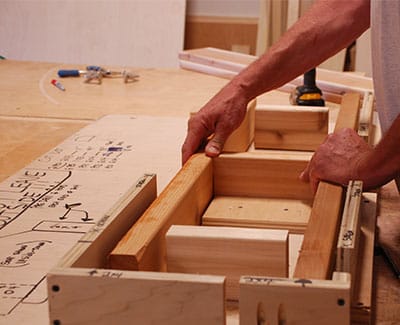 outdoor shower manufacturing bench with schematics